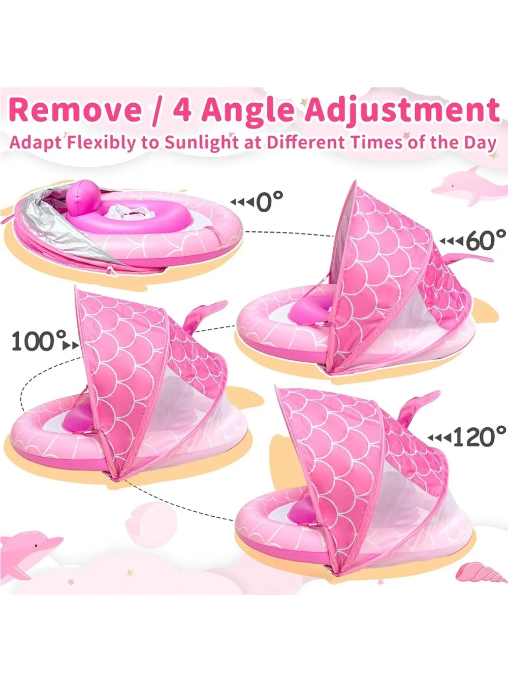 Pink Infant Swim Float with Sunshade Canopy - Mermaid Tail Design